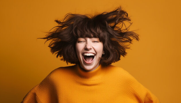 Young adult woman smiling with joy, shouting in excitement, portrait generated by AI