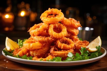 A tower of fried calamari rings, evenly coated in a crispy goldenbrown batter, garnished with a generous squeeze of fresh lemon juice, offering a burst of tanginess and a satisfying crunch. - obrazy, fototapety, plakaty