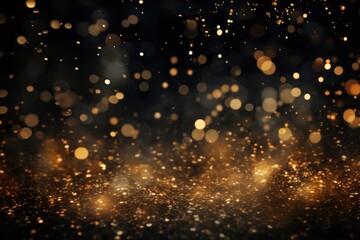 Fototapeta premium gold, dust, light, sparkle, luxury, glow, christmas, confetti, magic, shine. banner with a background image of golden dust and black sequins. falling around likes nebula galaxy and star in universe.