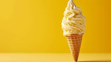 Yellow ice Cream cone, on a yellow background. Made with generative ai - obrazy, fototapety, plakaty