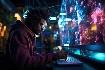 technology, computer, cyber, hacker, futuristic, network, code, coding, security, artificial intelligence. a diligent programmer typing keyboard in front monitor. find something bug or error to fix it