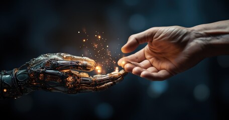 human, robot, robotic, ai, cyber, future, hand, mechanical, machine, science. ancient mechatronic robotic arm touched with older human finger between hand shining at robotic side likes fire. - obrazy, fototapety, plakaty