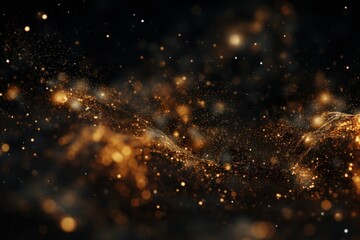 gold, dust, light, sparkle, luxury, glow, christmas, confetti, magic, shine. banner with a background image of golden dust and black sequins. falling around likes nebula galaxy and star in universe. - obrazy, fototapety, plakaty