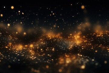 Fototapeta na wymiar gold, dust, light, sparkle, luxury, glow, christmas, confetti, magic, shine. banner with a background image of golden dust and black sequins. falling around likes nebula galaxy and star in universe.