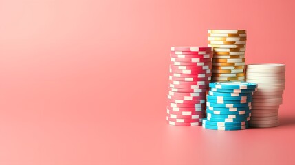 stack of casino chips on isolated pastel background Copy space.  - obrazy, fototapety, plakaty