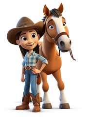 Cute cartoon farmer girl with horse