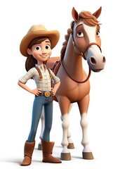 Cute cartoon farmer girl with horse