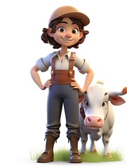 Fototapeta premium Cute cartoon farmer girl with cow