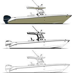 High-quality line drawing vector fishing boat black, white, and color illustration for t-shirt.