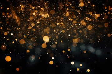 gold, dust, light, sparkle, luxury, glow, christmas, confetti, magic, shine. banner with a background image of golden dust and black sequins. falling around likes nebula galaxy and star in universe. - obrazy, fototapety, plakaty