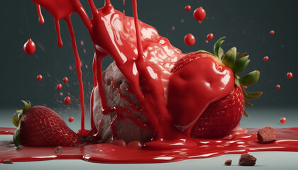 Ripe berry fruit pouring sweet liquid, splashing on multi colored backdrop generated by AI
