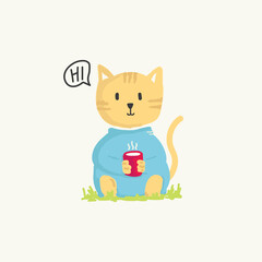 Cute cat drink cup of tea vector illustration for  fabric, textile and print