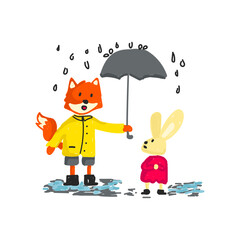 Cute fox and rabbit playing in the rain vector illustration for fabric, textile and print