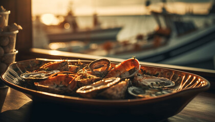 Fresh seafood on a gourmet plate, a luxurious nautical feast generated by AI