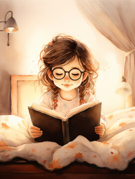 small girl with glasses reading a book in her bed