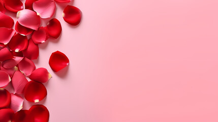 Top view red rose petals on pink background. Valentine's Day and International Women's Day background