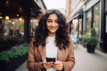 young indian woman holding smartphone - obrazy, fototapety, plakaty