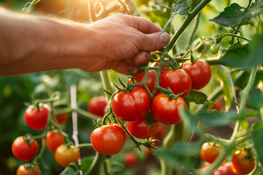 Close-up of a farmer's hand picking ripe red tomatoes on a branch in a greenhouse.Farming Concept.
Organic product concepts of food,fruits,vegetables,beverages,sauce.