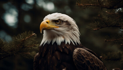 Obraz premium Majestic bald eagle perching on branch, nature symbol of freedom generated by AI