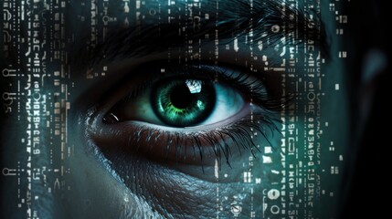 technology, computer, cyber, hacker, futuristic, network, code, coding, security, artificial intelligence. close up to a woman eyes, and around of eyeblow has electric circuit, motherboard show on it.