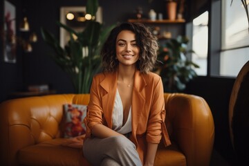 portrait, business, businesswoman, office, opportunity, co-worker, working space, leadership, smile, elegance. portrait image is close up businesswoman at working space. behind have office asset.