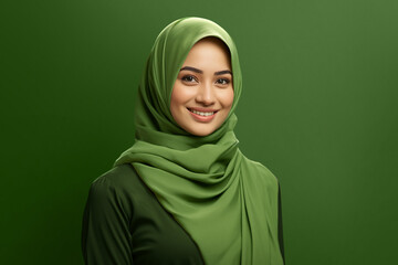 Beautiful pensive Asian girl wearing hijab smiling at empty space, isolated on green background
