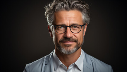 Confident businessman with gray hair and glasses, smiling at camera generated by AI
