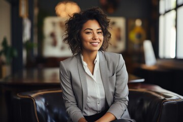 Fototapeta premium portrait, business, businesswoman, office, opportunity, co-worker, working space, leadership, smile, elegance. portrait image is close up businesswoman at working space. behind have office asset.