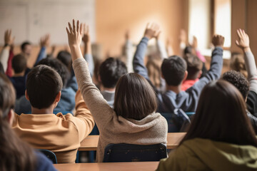 school student raising their hands at classroom - obrazy, fototapety, plakaty