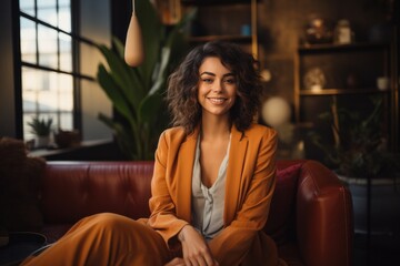 Fototapeta premium portrait, business, businesswoman, office, opportunity, co-worker, working space, leadership, smile, elegance. portrait image is close up businesswoman at working space. behind have office asset.