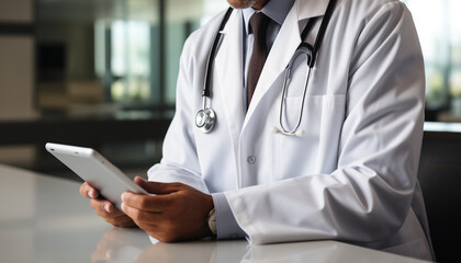 A confident doctor sitting at desk, using digital tablet generated by AI