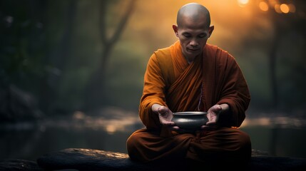 Monk's meditation, forest prayer. Zen, peace of mind. - obrazy, fototapety, plakaty