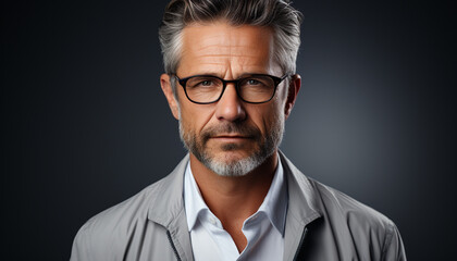 Confident businessman with gray hair and beard, looking at camera generated by AI