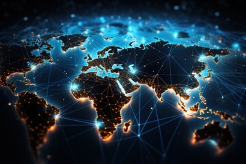earth, cyberspace, continent, global, map, network, connection, technology, business, communication. the continent in world with internet network technology system on night. there all connected.