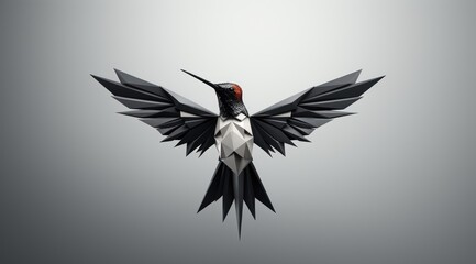 minimalist 2D logo of a hummingbird taking flight, with straight, geometric, curbless black strokes on a white background