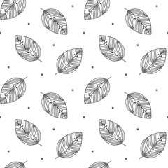 Seamless pattern, hand drawn outline leaves in doodle style with ornament, zentangle. Textile, design for pastel linen, background, vector