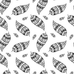 Seamless pattern, hand drawn outline leaves in doodle style with ornament, zentangle. Textile, design for pastel linen, background, vector