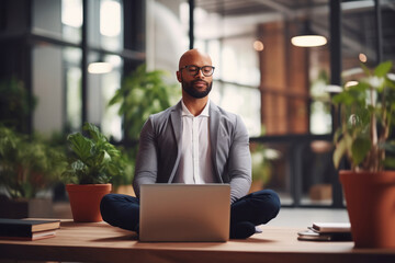 young businessman doing yoga meditation at office