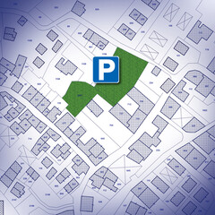 Fototapeta premium Imaginary city map with buildings, roads and central parking zone in a residential district - concept image