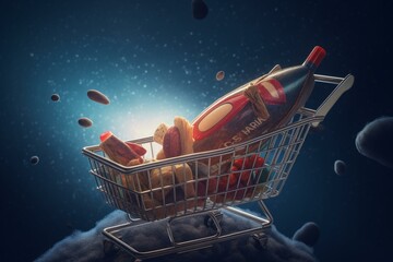 Rocketing market basket concept with food on a flying rocket for fast delivery and growth of sales or CPI and inflation. Generative AI