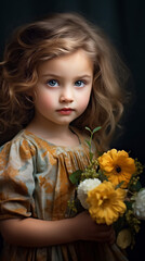 Naklejka premium Portrait of a small beautiful blonde girl with wavy hair with flowers in her hands.