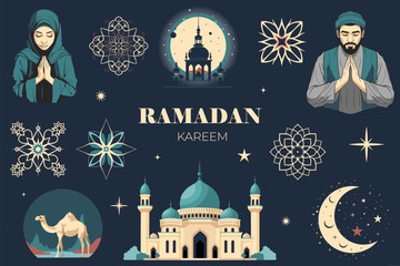 Vector islamic ramadan design. Set of ramadan elements.  Arabic elements for Greetings. Prayer, mosque, camel
