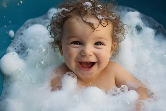 Carefree moments as a joyful infant splashes through a frothy bath, bubbles all around.