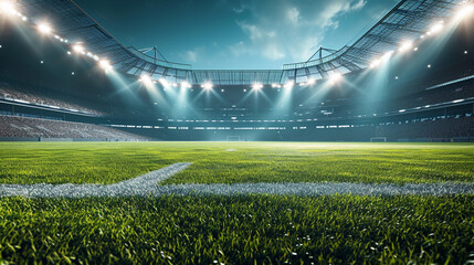 grand sports stadium with lush green grass, illuminated by bright spotlights, emphasizing the...