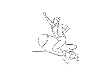 Single continuous line drawing of Female employee riding a rocket, productivity boosting concept. Concept of productivity boosting. Dynamic one line draw graphic design vector illustration 

