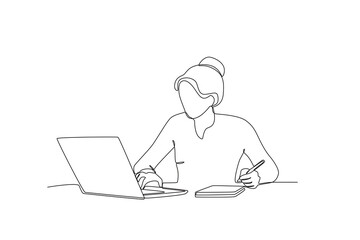 Single continuous line drawing of Working woman employee, productivity boosting concept. Concept of productivity boosting. Dynamic one line draw graphic design vector illustration 

