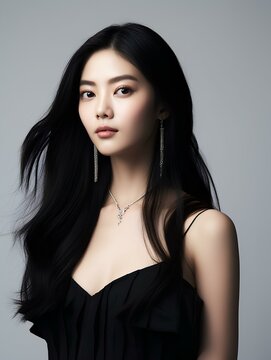 Portrait of beautiful Asian woman with long straight black hair, AI Generative