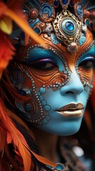 Close-up portrait of beautiful woman in bright masquerade makeup, mask with stylus luxury accessories. Traditional carnival