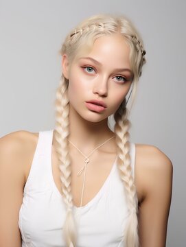 portrait of beautiful young woman with long braided blonde hair, isolated white background, AI Generative