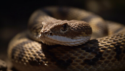 Fototapeta premium Poisonous viper, close up focus on snake dangerous, venomous fang generated by AI